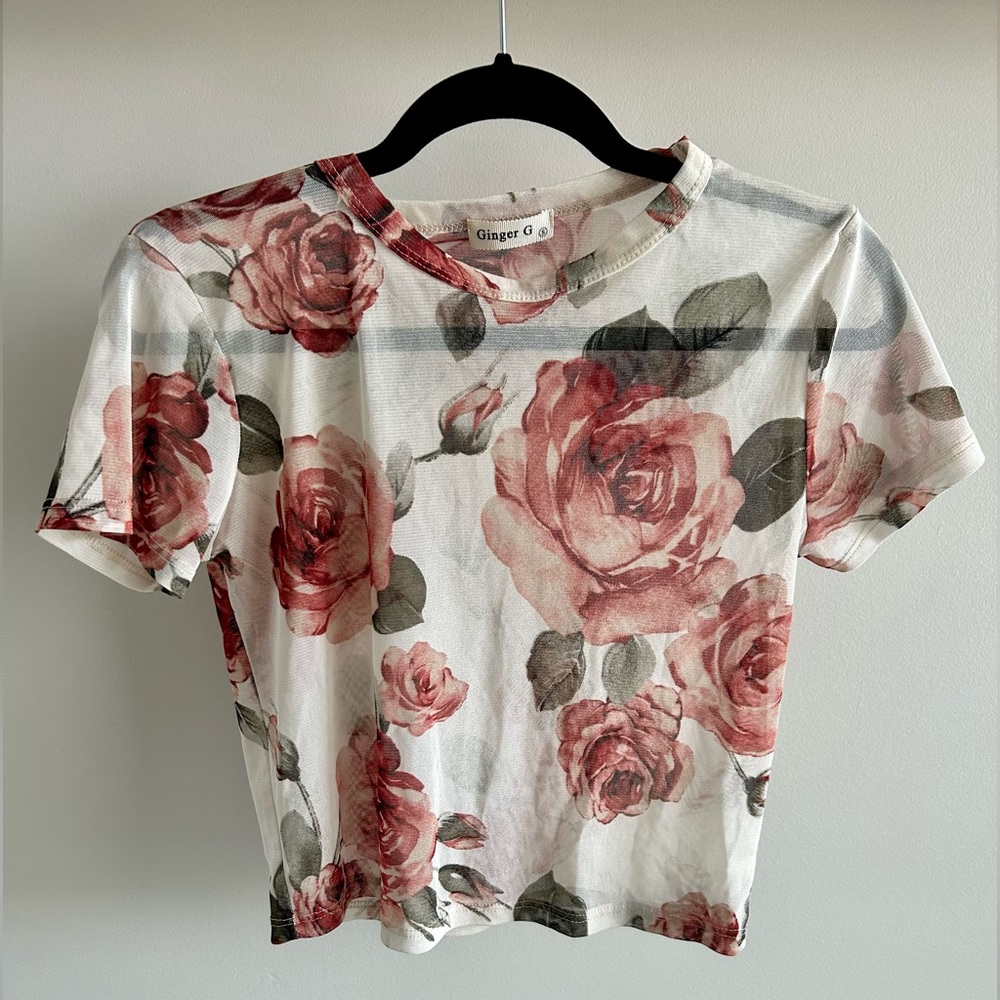 Nude mesh cropped top with floral detailing 🌹